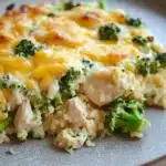 Chicken jasmine rice broccoli casserole - the image shows a plate of food with a serving of rice and broccoli. the rice appears to be cooked and has a golden brown color, with chunks of chicken and broccoli scattered throughout. the broccoli is bright green and looks fresh and vibrant. the dish is garnished with a sprinkle of herbs and spices. the plate is gray and round, and there is a spoon resting on the side. the background is blurred, but it seems to be a kitchen countertop.