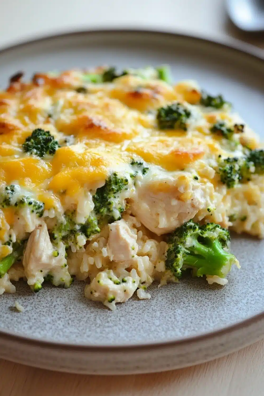 Chicken jasmine rice broccoli casserole - the image shows a plate of food with a serving of rice and broccoli. the rice appears to be cooked and has a golden brown color, with chunks of chicken and broccoli scattered throughout. the broccoli is bright green and looks fresh and vibrant. the dish is garnished with a sprinkle of herbs and spices. the plate is gray and round, and there is a spoon resting on the side. the background is blurred, but it seems to be a kitchen countertop.