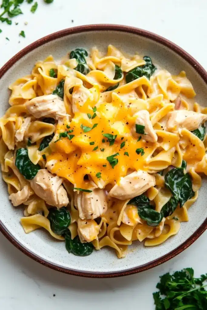 Chicken noodle skillet with sauce - the image is a close-up of a bowl of pasta dish. the pasta appears to be fettuccine alfredo, with chunks of chicken and spinach mixed in. the dish is garnished with a dollop of melted cheese and a sprinkle of fresh parsley. the bowl is white with a brown rim and is sitting on a white marble countertop. there are a few sprigs of parsley scattered around the bowl.