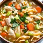 Chicken noodle soup in instant pot - the image is a close-up of a bowl of soup. the soup appears to be a type of noodle soup with chunks of chicken, carrots, celery, and other vegetables mixed in. the broth is a light brown color and is thick and creamy. there are also a few sprigs of parsley scattered throughout the soup, adding a pop of green color to the dish. the bowl is made of dark brown ceramic and has a handle on one side. the background is white, making the soup stand out.