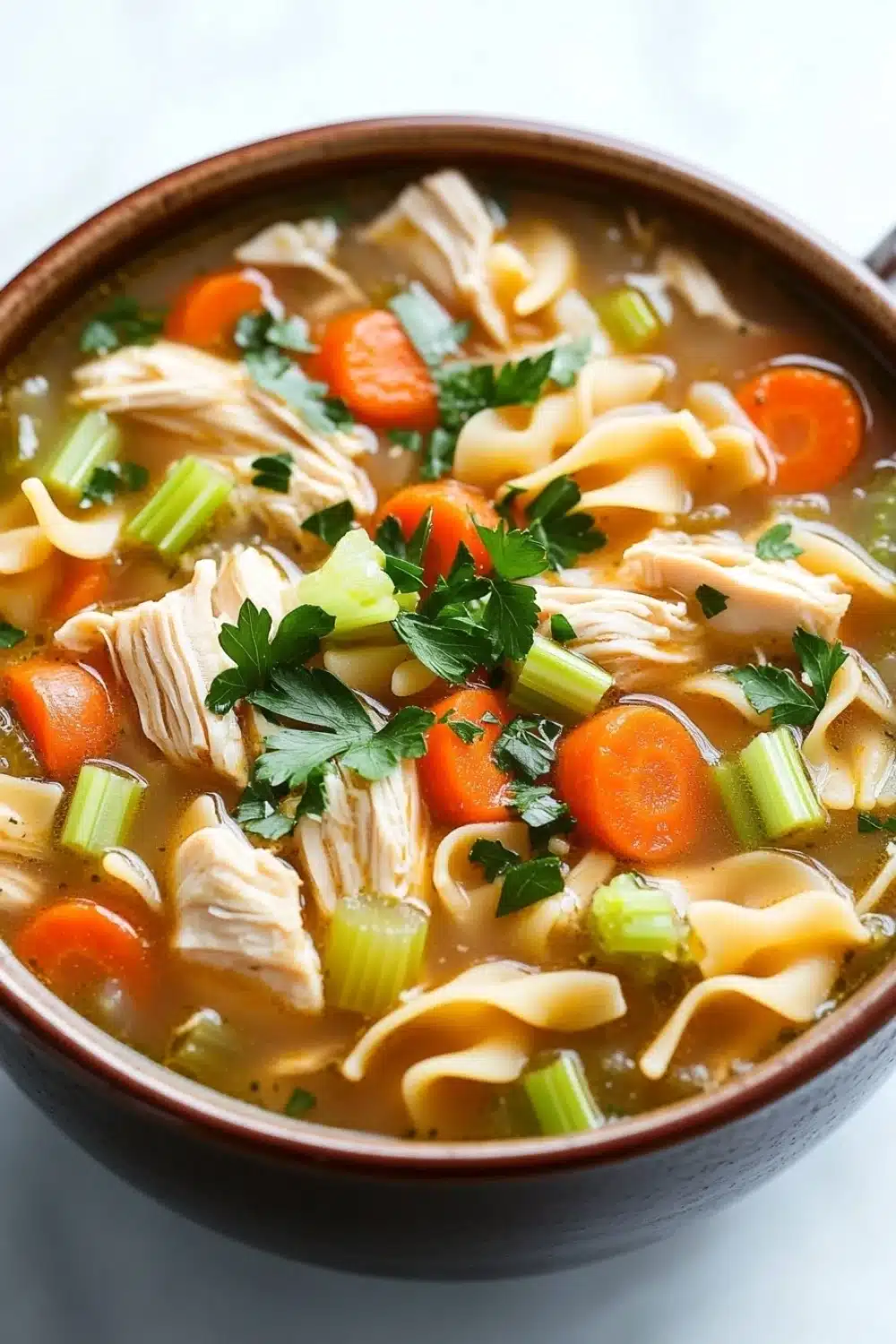 Chicken noodle soup in instant pot - the image is a close-up of a bowl of soup. the soup appears to be a type of noodle soup with chunks of chicken, carrots, celery, and other vegetables mixed in. the broth is a light brown color and is thick and creamy. there are also a few sprigs of parsley scattered throughout the soup, adding a pop of green color to the dish. the bowl is made of dark brown ceramic and has a handle on one side. the background is white, making the soup stand out.