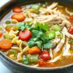Chicken noodle soup mexican style - the image is a close-up of a bowl of soup. the soup appears to be a type of noodle soup with chunks of chicken, carrots, celery, and other vegetables mixed in. the bowl is made of ceramic and has a dark brown color. there is a sprig of cilantro on top of the soup, adding a pop of green color to the dish. the background is a white marble countertop.
