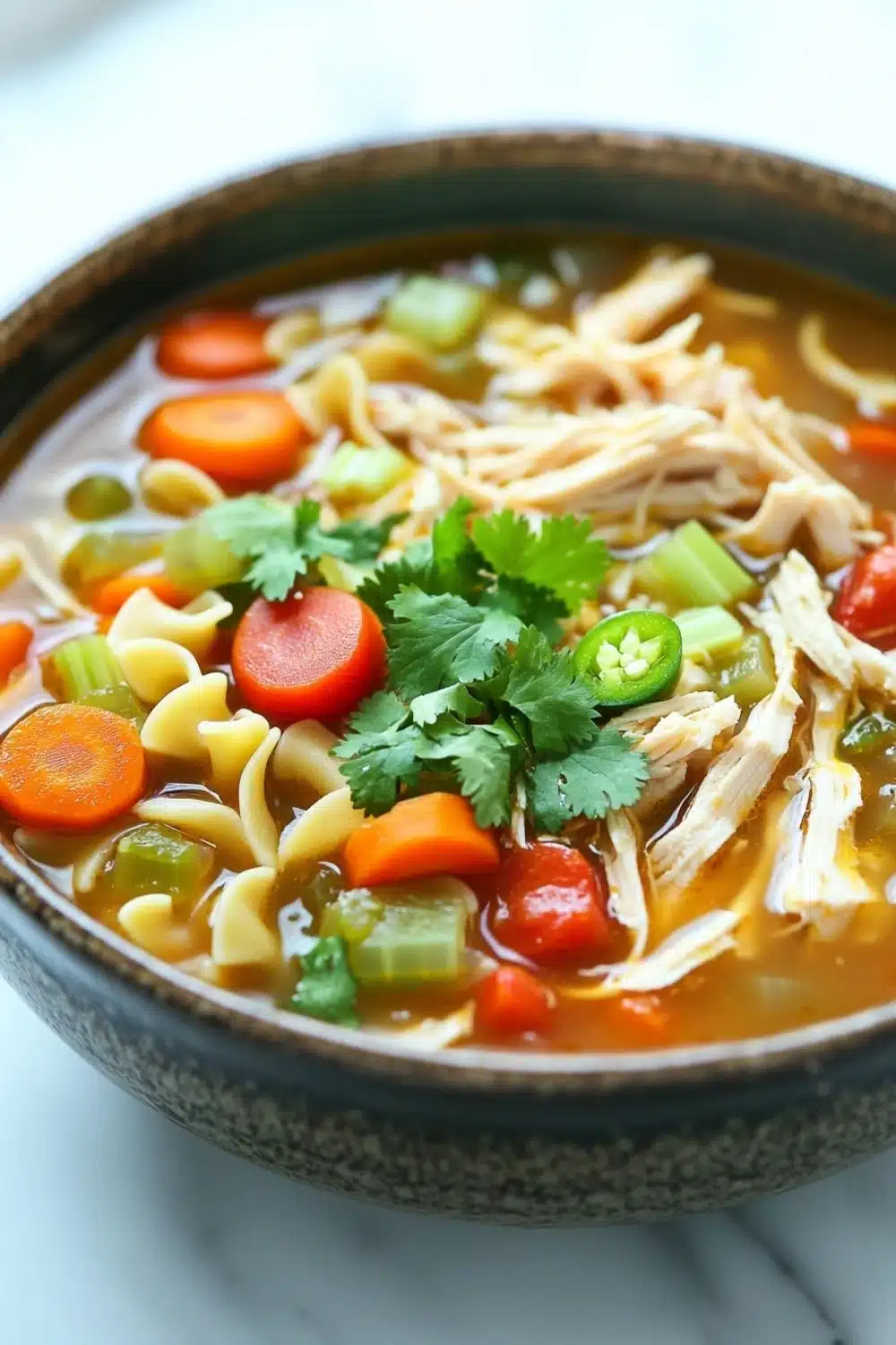Chicken noodle soup mexican style - the image is a close-up of a bowl of soup. the soup appears to be a type of noodle soup with chunks of chicken, carrots, celery, and other vegetables mixed in. the bowl is made of ceramic and has a dark brown color. there is a sprig of cilantro on top of the soup, adding a pop of green color to the dish. the background is a white marble countertop.
