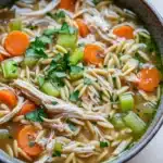 Chicken noodle soup with orzo - the image is a close-up of a bowl of soup. the soup appears to be a type of noodle soup with chunks of chicken, carrots, celery, and herbs mixed in. the noodles are long and thin, and the vegetables are bright orange and green. the broth is thick and creamy, and there is a sprinkle of parsley on top. the bowl is made of ceramic and is sitting on a white surface.