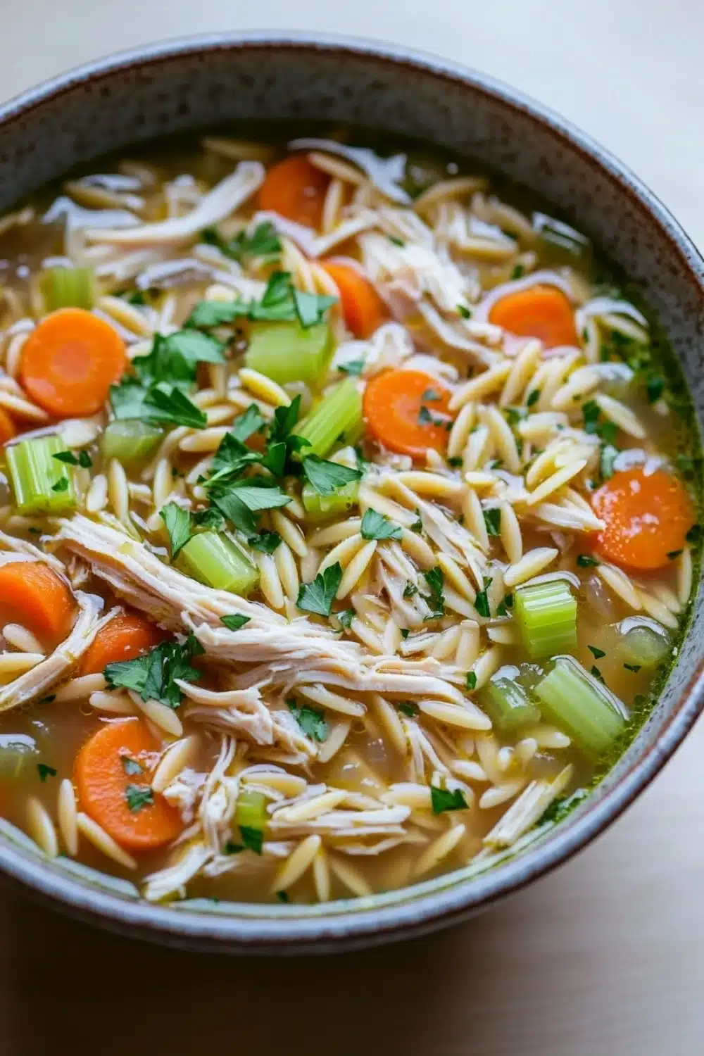 Chicken noodle soup with orzo - the image is a close-up of a bowl of soup. the soup appears to be a type of noodle soup with chunks of chicken, carrots, celery, and herbs mixed in. the noodles are long and thin, and the vegetables are bright orange and green. the broth is thick and creamy, and there is a sprinkle of parsley on top. the bowl is made of ceramic and is sitting on a white surface.