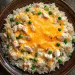 Chicken rice casserole knorr - the image is a close-up of a bowl of rice dish. the rice appears to be white and fluffy, and it is topped with chunks of chicken and green peas. the dish is served in a brown ceramic bowl with a dark brown rim. the background is a wooden table with a rustic texture. the overall color scheme of the dish is warm and inviting.