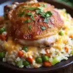 Chicken rice casserole one pot - the image shows a plate of food with a serving of chicken and rice. the chicken is golden brown and appears to be seasoned with herbs and spices. the rice is white and fluffy, and it is mixed with various vegetables such as peas, carrots, and celery. the dish is garnished with a sprig of fresh parsley. the plate is sitting on a wooden table with a blurred background.