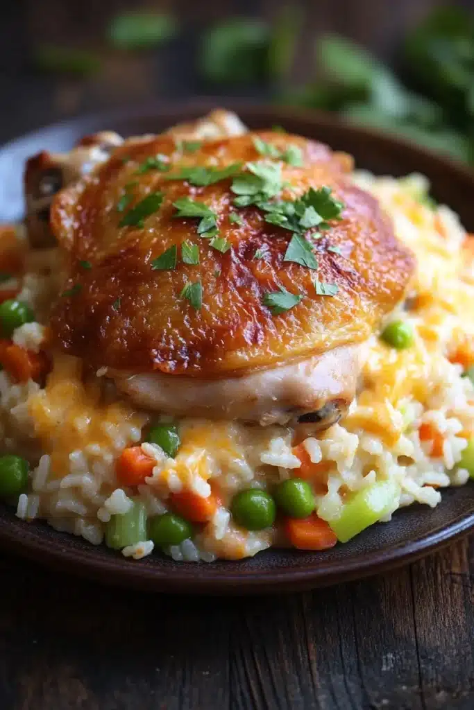 Chicken rice casserole one pot - the image shows a plate of food with a serving of chicken and rice. the chicken is golden brown and appears to be seasoned with herbs and spices. the rice is white and fluffy, and it is mixed with various vegetables such as peas, carrots, and celery. the dish is garnished with a sprig of fresh parsley. the plate is sitting on a wooden table with a blurred background.