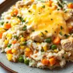 Chicken rice casserole skillet - the image is a close-up of a plate of food. the plate is round and has a light brown rim. the food appears to be a dish made with rice, vegetables, and chicken. the rice is white and fluffy, and the vegetables are bright orange and yellow. the chicken is covered in a layer of melted cheese, which is drizzled over the top. there are also small green herbs scattered throughout the dish, adding a pop of color. the dish looks appetizing and ready to eat.