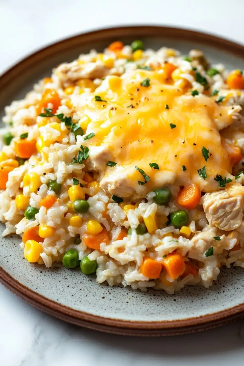 Chicken rice casserole skillet - the image is a close-up of a plate of food. the plate is round and has a light brown rim. the food appears to be a dish made with rice, vegetables, and chicken. the rice is white and fluffy, and the vegetables are bright orange and yellow. the chicken is covered in a layer of melted cheese, which is drizzled over the top. there are also small green herbs scattered throughout the dish, adding a pop of color. the dish looks appetizing and ready to eat.