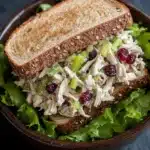 Chicken salad sandwich with cranberries - the image shows a wooden bowl with a sandwich in it. the sandwich is made with two slices of toasted bread and is filled with a salad. the salad appears to be made with chicken, celery, and cranberries. the bowl is garnished with fresh green lettuce leaves. the background is a dark grey countertop.