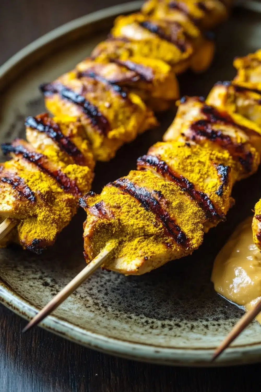 Chicken satay skewers appetizers - the image shows a plate of grilled chicken skewers on a wooden table. the skewers are arranged in a row and are covered in a golden-brown sauce. the sauce appears to be a combination of orange and yellow colors, possibly from the spices used in the dish. the plate is brown and has a speckled texture. the background is blurred, but it seems to be an indoor setting with a wooden surface.