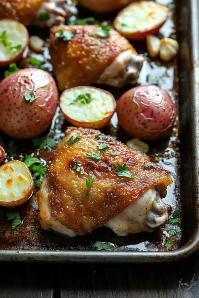 Chicken sheet pan dinner potatoes - the image shows a baking tray filled with roasted chicken and potatoes. the chicken is golden brown and appears to be seasoned with herbs and spices. the potatoes are red and have a crispy texture. there are also some garlic cloves scattered around the tray. the tray is lined with parchment paper and is sitting on a wooden table. the overall appearance of the dish is savory and appetizing.