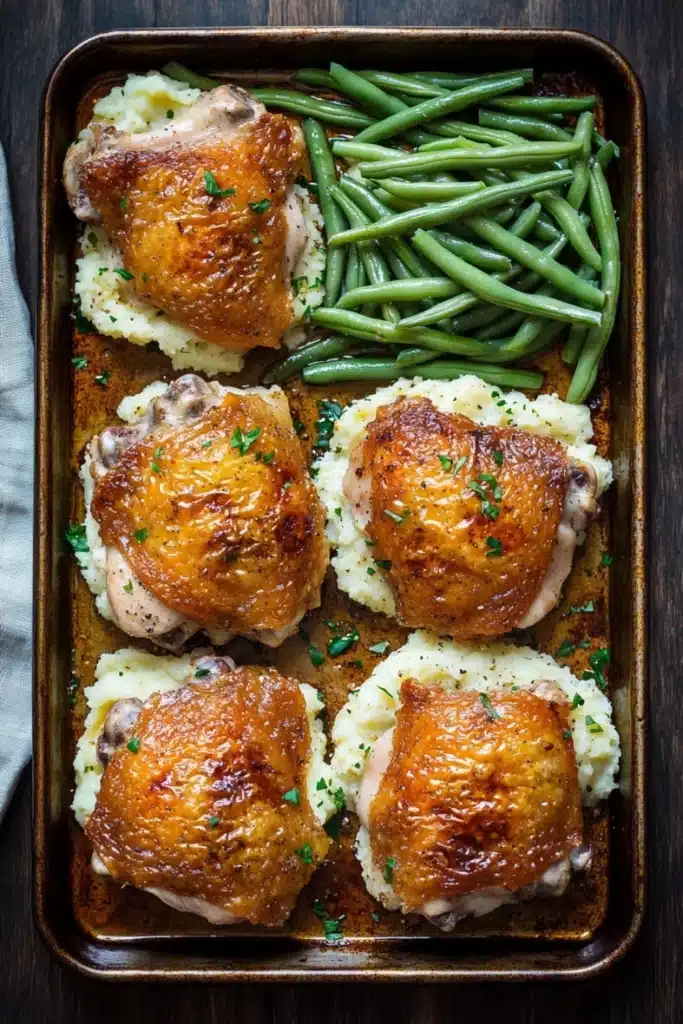 Chicken thigh dinner and sides - the image shows a rectangular baking tray with four pieces of chicken thighs on top of a bed of mashed potatoes. the chicken thighs are golden brown and appear to be seasoned with herbs and spices. the mashed potatoes are white and fluffy, and there are a few green beans scattered around the tray. the tray is placed on a wooden table with a blue napkin on the side. the overall presentation of the dish is elegant and appetizing.
