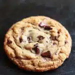 Chocolate chip cookie no chocolate chips - the image is a close-up of a chocolate chip cookie on a black slate surface. the cookie is round and golden brown in color, with small chunks of chocolate scattered throughout. the chocolate chips are evenly spaced and appear to be freshly baked. the background is blurred, making the cookie the focal point of the image.