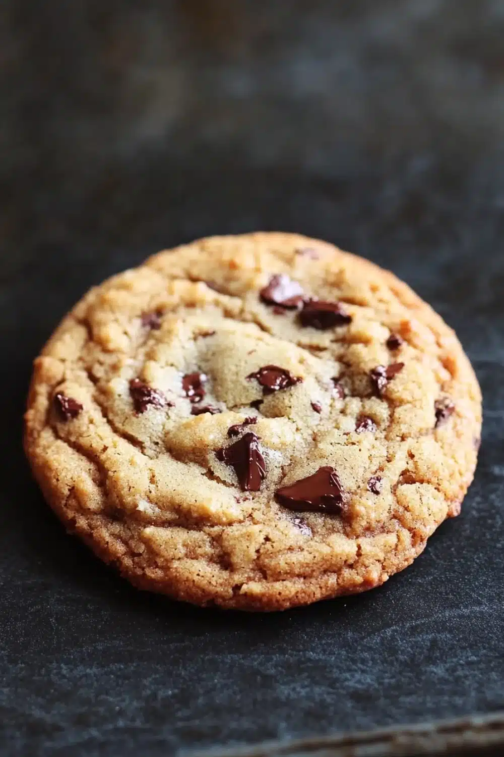 Chocolate chip cookie no chocolate chips - the image is a close-up of a chocolate chip cookie on a black slate surface. the cookie is round and golden brown in color, with small chunks of chocolate scattered throughout. the chocolate chips are evenly spaced and appear to be freshly baked. the background is blurred, making the cookie the focal point of the image.