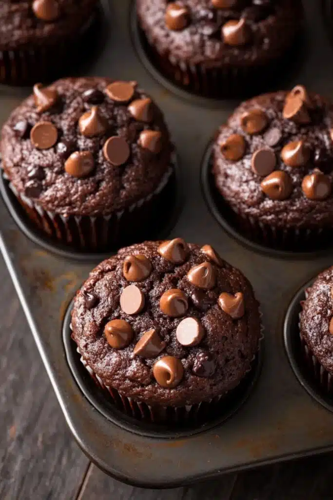 Chocolate muffin vegan - the image shows a muffin tin filled with freshly baked chocolate cupcakes. the cupcakes are round and have a golden brown color. they are topped with small chocolate chips scattered across top, giving them a crunchy texture. the tin is sitting on a wooden table, and the background is blurred, making the cupcakes the focal point of the image.
