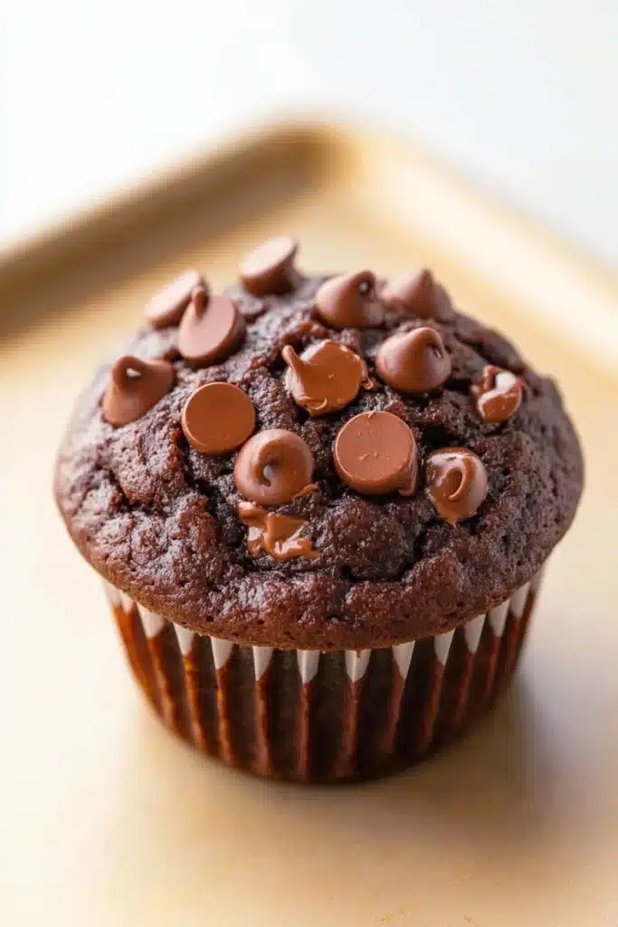 Chocolate muffin without eggs - the image is of a chocolate muffin on a gold tray. the muffin is round and has a golden brown color. it is topped with small chocolate chips scattered across its surface. the chocolate chips are arranged in a circular pattern, with some overlapping each other. the tray is a light beige color and appears to be made of parchment paper. the background is blurred, so the focus is on the muffin.