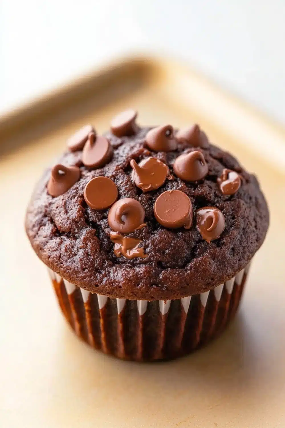 Chocolate muffin without eggs - the image is of a chocolate muffin on a gold tray. the muffin is round and has a golden brown color. it is topped with small chocolate chips scattered across its surface. the chocolate chips are arranged in a circular pattern, with some overlapping each other. the tray is a light beige color and appears to be made of parchment paper. the background is blurred, so the focus is on the muffin.