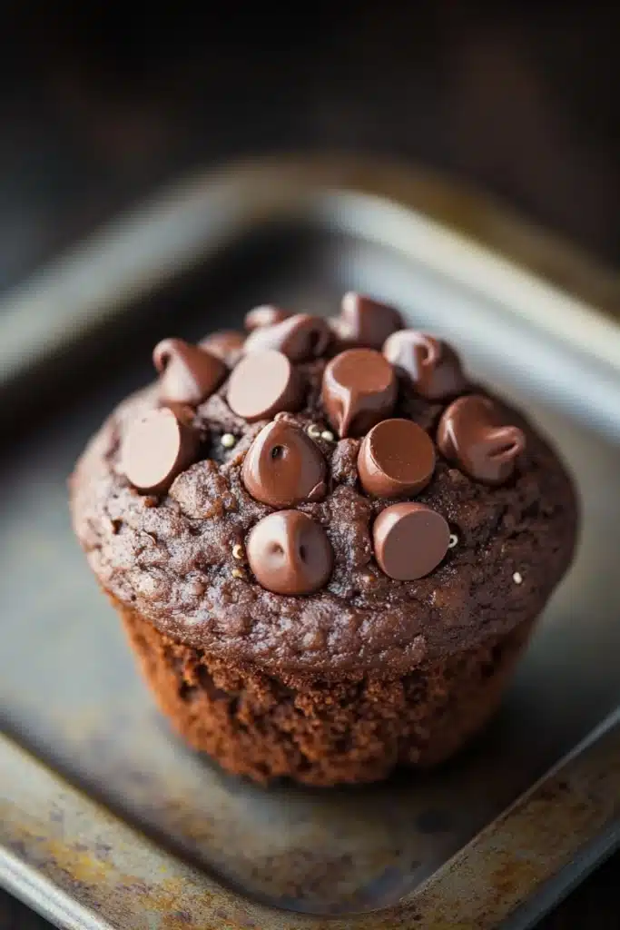 Chocolate quinoa muffin - the image is a close-up of a chocolate muffin on a baking tray. the muffin is round and has a golden brown color. it is topped with small, round chocolate chips arranged in a circular pattern. the chips are evenly spaced and appear to be freshly baked. the tray is lined with parchment paper and the background is blurred, making the muffin the focal point of the image.