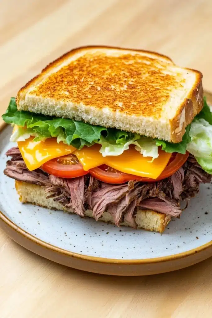 Club sandwich beef - the image shows a sandwich on a blue and white plate. the sandwich is made with two slices of toasted bread, filled with a generous portion of roast beef, lettuce, tomato, and cheese. the beef is cooked medium-rare and appears to be seasoned with herbs and spices. the lettuce is a mix of green and yellow, and the tomato is a bright red. the cheese is melted and oozing out of the sides of the sandwich. the plate is sitting on a wooden table.