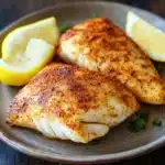 Cook tilapia in air fryer - the image shows two pieces of fish fillets on a brown plate. the fillets are golden brown and appear to be seasoned with herbs and spices. there are two lemon wedges on either side of the plate, and a sprig of parsley on the side. the plate is placed on a wooden table. the background is blurred, but it appears to be a rustic kitchen countertop.