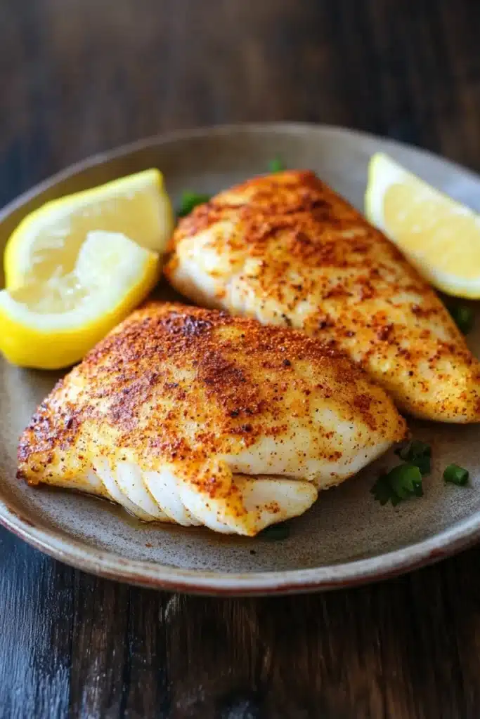 Cook tilapia in air fryer - the image shows two pieces of fish fillets on a brown plate. the fillets are golden brown and appear to be seasoned with herbs and spices. there are two lemon wedges on either side of the plate, and a sprig of parsley on the side. the plate is placed on a wooden table. the background is blurred, but it appears to be a rustic kitchen countertop.