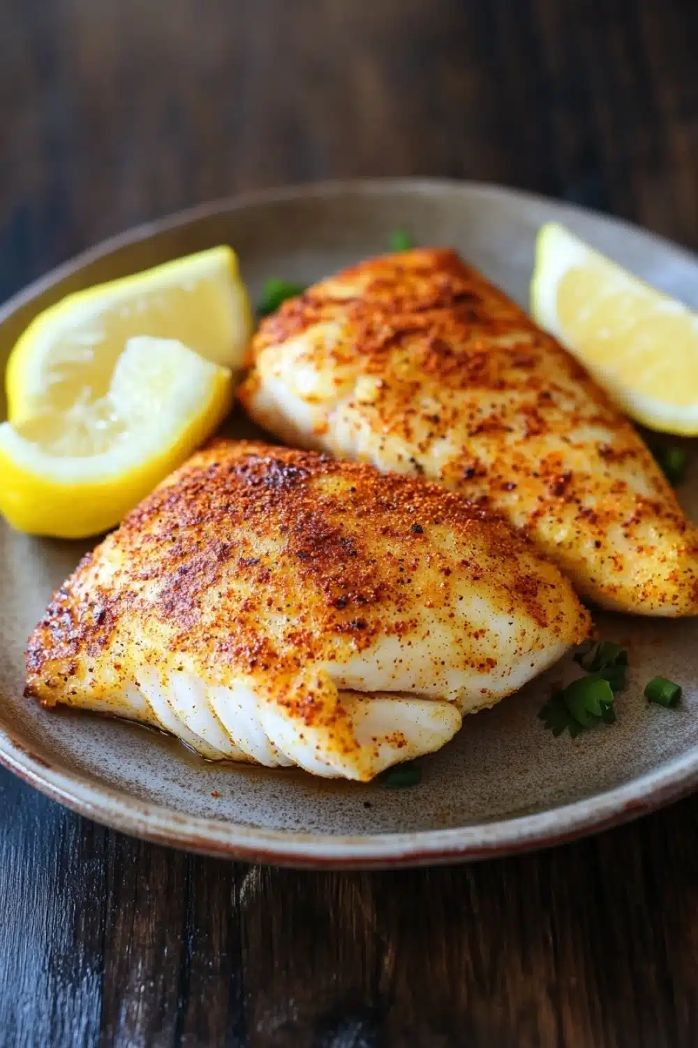 Cook tilapia in air fryer - the image shows two pieces of fish fillets on a brown plate. the fillets are golden brown and appear to be seasoned with herbs and spices. there are two lemon wedges on either side of the plate, and a sprig of parsley on the side. the plate is placed on a wooden table. the background is blurred, but it appears to be a rustic kitchen countertop.