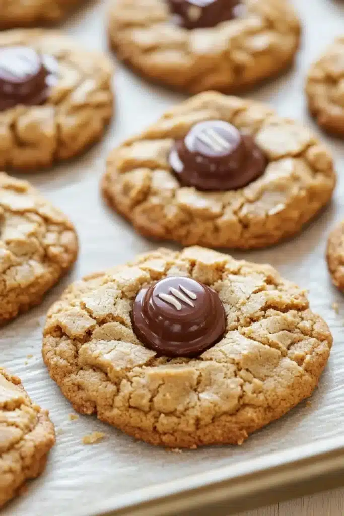 Cookie peanut butter hersheys kisses - the image shows a tray of freshly baked peanut butter cookies. the cookies are round and golden brown in color, with a crumbly texture. they are arranged in a single layer on the tray, with some overlapping each other. in the center of each cookie, there is a chocolate-covered oreo cookie with the letter "m" on it. the cookie is drizzled with a dark chocolate sauce. the tray is lined with parchment paper, and the background is a wooden table.