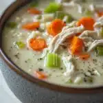 Creamy chicken and rice soup - the image is a close-up of a bowl of soup. the soup appears to be a creamy white color with chunks of chicken and vegetables mixed in. the bowl is made of ceramic and has a dark brown rim. the vegetables include carrots, celery, and onions. the broth is thick and creamy, and there are small black speckles scattered throughout the soup.