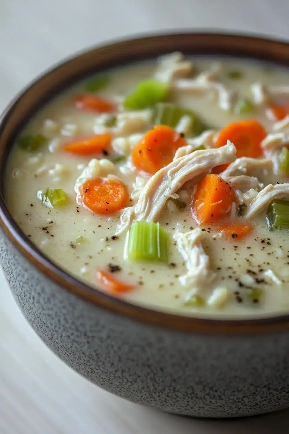 Creamy chicken and rice soup - the image is a close-up of a bowl of soup. the soup appears to be a creamy white color with chunks of chicken and vegetables mixed in. the bowl is made of ceramic and has a dark brown rim. the vegetables include carrots, celery, and onions. the broth is thick and creamy, and there are small black speckles scattered throughout the soup.