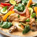 Creamy chicken and vegetable skillet - the image is a close-up of a plate of food. the plate is made of ceramic and has a light brown color. the food appears to be a stir-fry dish with chicken, vegetables, and mushrooms. the chicken is cooked to a golden brown color and is garnished with fresh basil leaves. the vegetables include sliced zucchini, red bell peppers, and red onions. the mushrooms are sliced and are scattered throughout the dish. the dish is drizzled with a creamy sauce. the background is a white marble countertop.