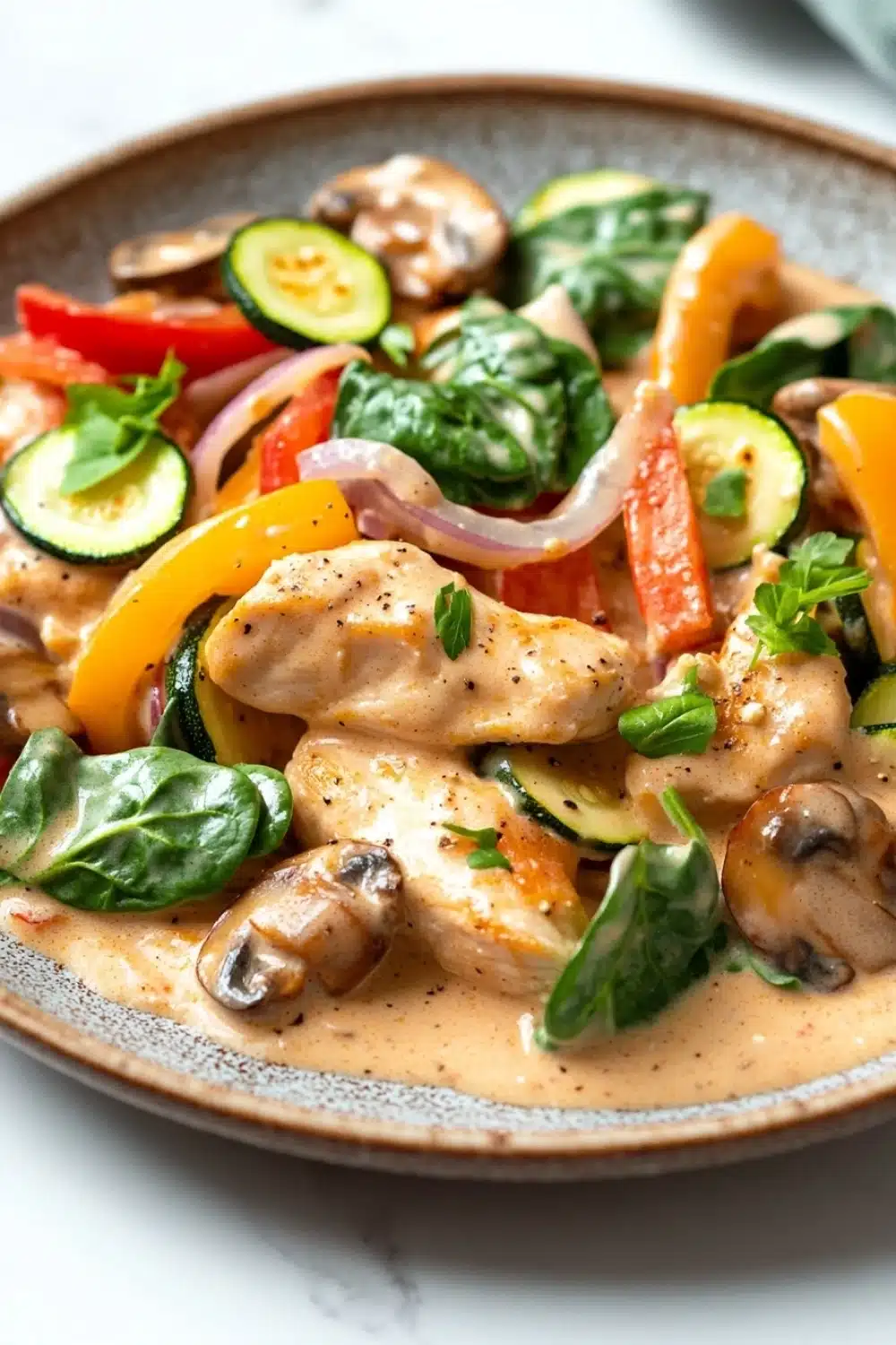 Creamy chicken and vegetable skillet - the image is a close-up of a plate of food. the plate is made of ceramic and has a light brown color. the food appears to be a stir-fry dish with chicken, vegetables, and mushrooms. the chicken is cooked to a golden brown color and is garnished with fresh basil leaves. the vegetables include sliced zucchini, red bell peppers, and red onions. the mushrooms are sliced and are scattered throughout the dish. the dish is drizzled with a creamy sauce. the background is a white marble countertop.