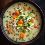 Creamy chicken soup - the image is a close-up of a bowl of soup. the soup appears to be creamy and has chunks of chicken and vegetables mixed in. the bowl is made of dark brown ceramic and is sitting on a dark wooden table. the vegetables include carrots, celery, and onions. there are also some chopped herbs scattered throughout the soup, adding a pop of green color. the overall appearance of the soup is fresh and appetizing.