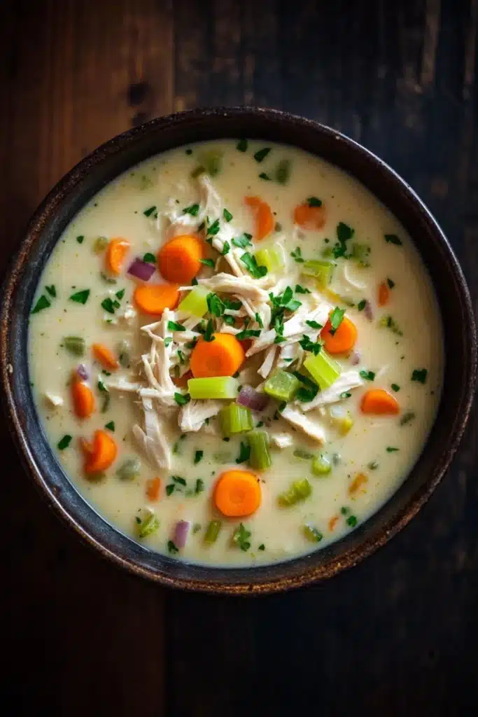 Creamy chicken soup - the image is a close-up of a bowl of soup. the soup appears to be creamy and has chunks of chicken and vegetables mixed in. the bowl is made of dark brown ceramic and is sitting on a dark wooden table. the vegetables include carrots, celery, and onions. there are also some chopped herbs scattered throughout the soup, adding a pop of green color. the overall appearance of the soup is fresh and appetizing.