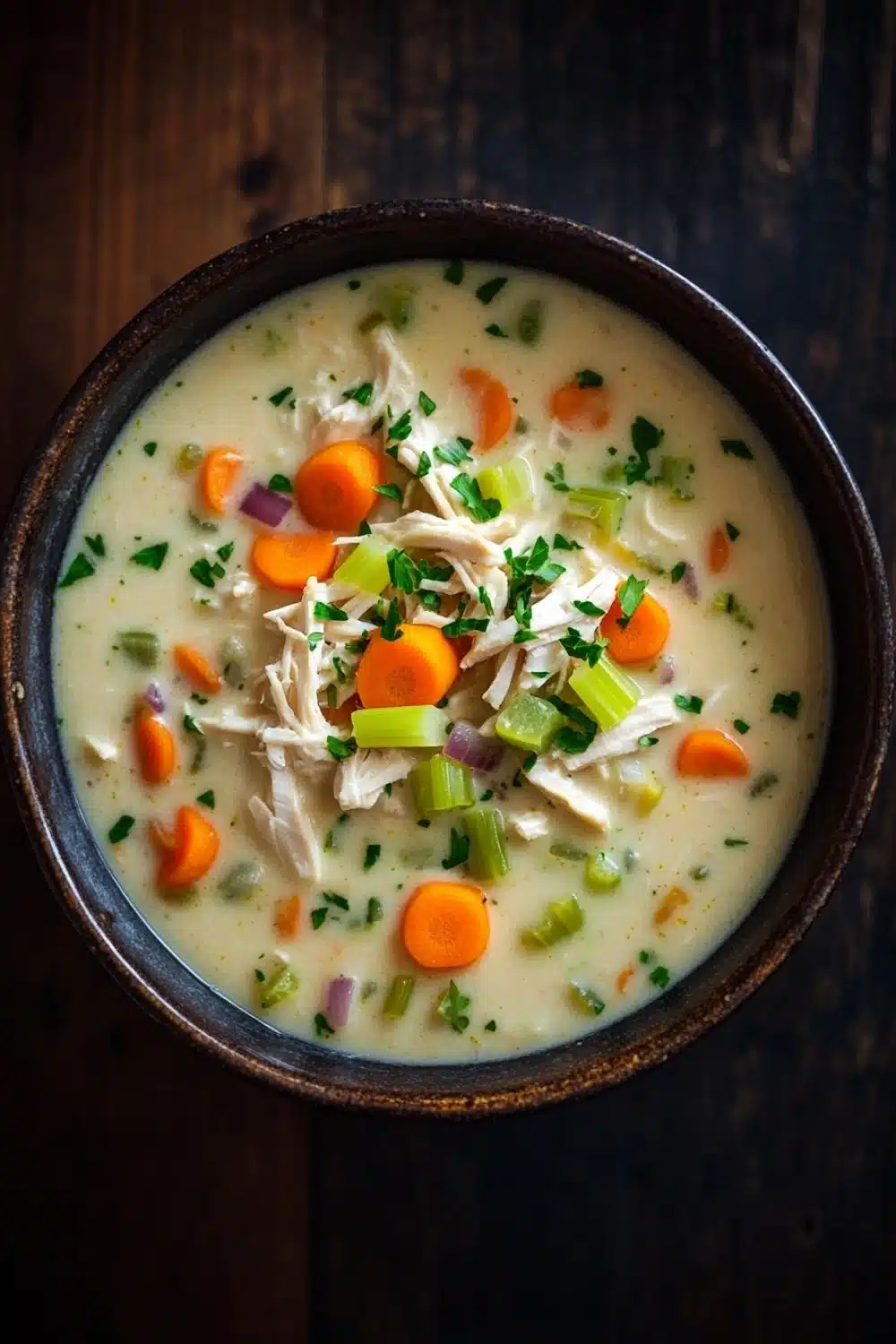 Creamy chicken soup - the image is a close-up of a bowl of soup. the soup appears to be creamy and has chunks of chicken and vegetables mixed in. the bowl is made of dark brown ceramic and is sitting on a dark wooden table. the vegetables include carrots, celery, and onions. there are also some chopped herbs scattered throughout the soup, adding a pop of green color. the overall appearance of the soup is fresh and appetizing.