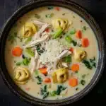 Creamy chicken tortellini soup - the image is a close-up of a bowl of soup. the soup appears to be a creamy yellow color and is filled with tortellini, shredded chicken, carrots, and green onions. the bowl is made of ceramic and is sitting on a dark wooden table. there are a few sprigs of parsley scattered around the bowl. the overall appearance of the soup is fresh and appetizing.