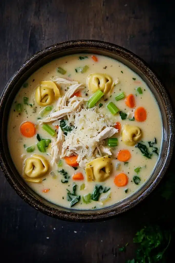 Creamy chicken tortellini soup - the image is a close-up of a bowl of soup. the soup appears to be a creamy yellow color and is filled with tortellini, shredded chicken, carrots, and green onions. the bowl is made of ceramic and is sitting on a dark wooden table. there are a few sprigs of parsley scattered around the bowl. the overall appearance of the soup is fresh and appetizing.