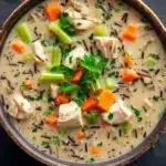 Creamy chicken wild rice soup crockpot - the image is a close-up of a bowl of soup. the soup appears to be a creamy white color with chunks of chicken, carrots, celery, and other vegetables mixed in. the bowl is made of brown ceramic and is sitting on a dark grey surface. there are a few sprigs of parsley scattered around the bowl, adding a pop of green color to the dish. the overall appearance of the soup is fresh and appetizing.
