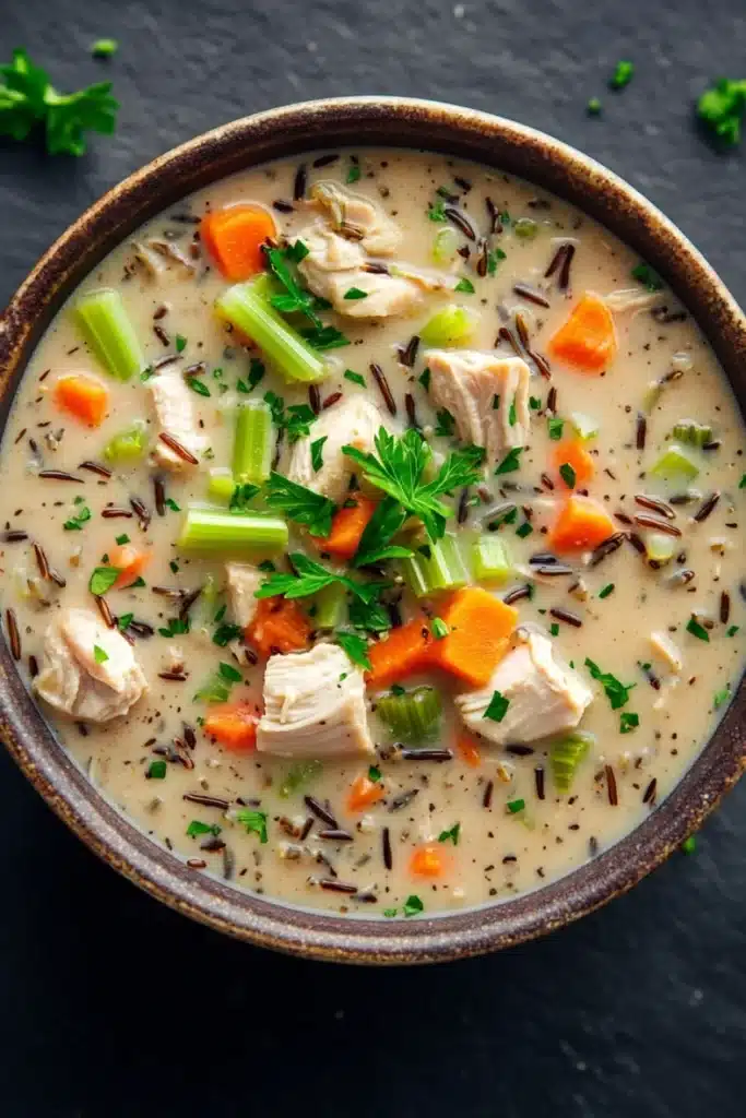 Creamy chicken wild rice soup crockpot - the image is a close-up of a bowl of soup. the soup appears to be a creamy white color with chunks of chicken, carrots, celery, and other vegetables mixed in. the bowl is made of brown ceramic and is sitting on a dark grey surface. there are a few sprigs of parsley scattered around the bowl, adding a pop of green color to the dish. the overall appearance of the soup is fresh and appetizing.