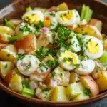 Creamy hot potato salad - the image is a close-up of a bowl of potato salad. the bowl is made of ceramic and is placed on a dark grey countertop. the salad is made up of diced potatoes, diced red onions, and sliced green celery. on top of the potatoes, there are two hard-boiled eggs with a yellow yolk and a sprinkle of herbs. the eggs are arranged in a circular pattern, with some overlapping each other. the herbs are scattered throughout the salad, adding a pop of green color to the dish. the overall appearance is fresh and appetizing.
