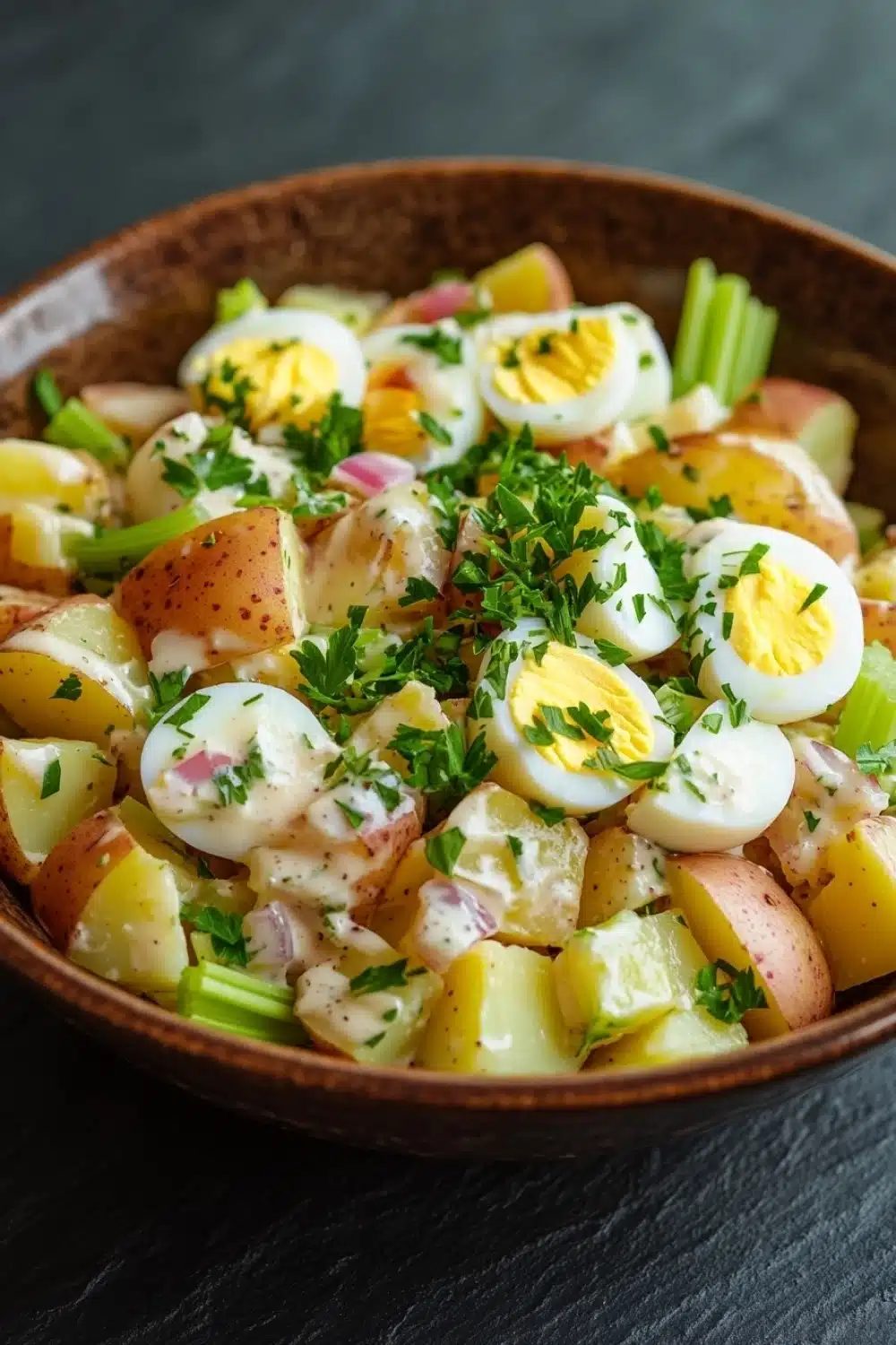 Creamy hot potato salad - the image is a close-up of a bowl of potato salad. the bowl is made of ceramic and is placed on a dark grey countertop. the salad is made up of diced potatoes, diced red onions, and sliced green celery. on top of the potatoes, there are two hard-boiled eggs with a yellow yolk and a sprinkle of herbs. the eggs are arranged in a circular pattern, with some overlapping each other. the herbs are scattered throughout the salad, adding a pop of green color to the dish. the overall appearance is fresh and appetizing.