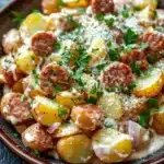 Creamy italian sausage potato skillet - the image is a close-up of a dish in a brown bowl. the dish appears to be a type of potato salad, with chunks of potatoes, sausage, and onions mixed in with a creamy sauce. the potatoes are golden brown and appear to be seasoned with herbs and spices. the sausage is cut into small cubes and is arranged in a circular pattern on top of the potatoes. the sauce is drizzled over the potatoes and is garnished with chopped parsley. the bowl is sitting on a dark grey countertop.