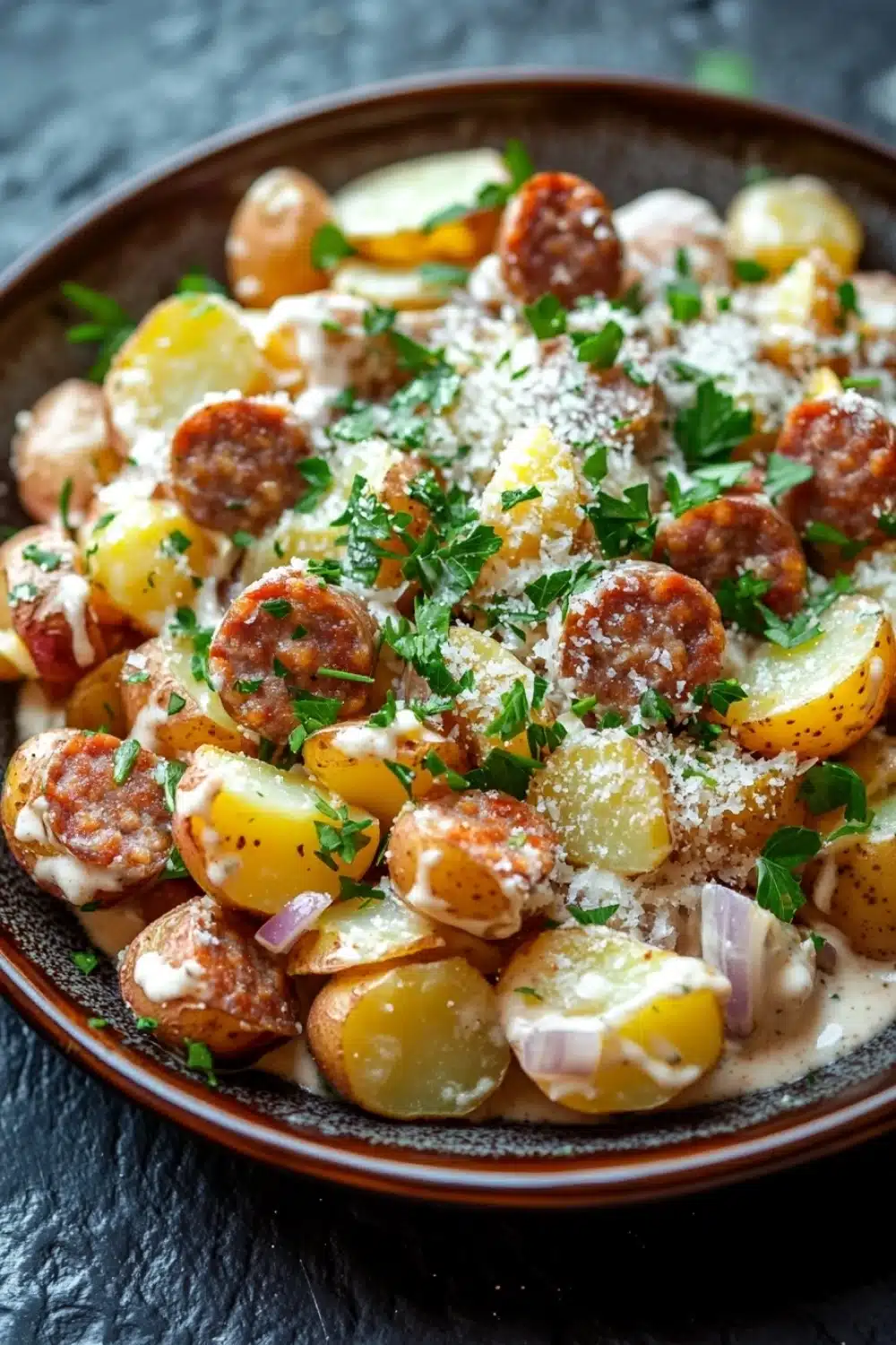 Creamy italian sausage potato skillet - the image is a close-up of a dish in a brown bowl. the dish appears to be a type of potato salad, with chunks of potatoes, sausage, and onions mixed in with a creamy sauce. the potatoes are golden brown and appear to be seasoned with herbs and spices. the sausage is cut into small cubes and is arranged in a circular pattern on top of the potatoes. the sauce is drizzled over the potatoes and is garnished with chopped parsley. the bowl is sitting on a dark grey countertop.