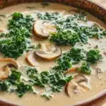 Creamy kale mushroom soup - the image is a close-up of a bowl of soup. the soup appears to be creamy and has a light brown color. it is garnished with sliced mushrooms and kale leaves. the bowl is sitting on a wooden table. the background is blurred, so the focus is on the soup.