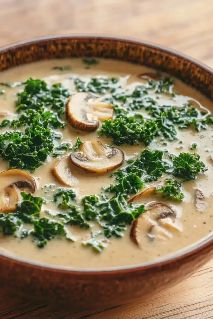 Creamy kale mushroom soup - the image is a close-up of a bowl of soup. the soup appears to be creamy and has a light brown color. it is garnished with sliced mushrooms and kale leaves. the bowl is sitting on a wooden table. the background is blurred, so the focus is on the soup.