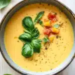 Creamy yellow tomato soup - the image is a close-up of a bowl of soup. the soup is a bright orange color and appears to be creamy and smooth. it is garnished with fresh basil leaves and small pieces of diced tomatoes. the bowl is made of ceramic and has a dark brown rim. the background is a white wooden surface with a few more basil leaves scattered around. the overall aesthetic of the image is fresh and appetizing.