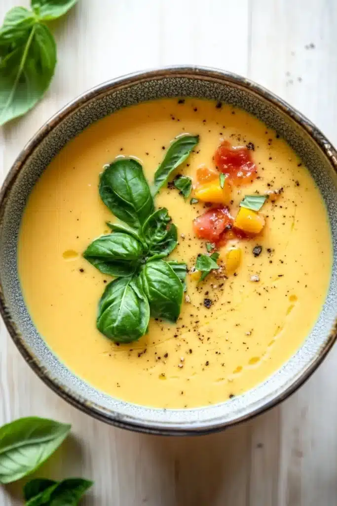 Creamy yellow tomato soup - the image is a close-up of a bowl of soup. the soup is a bright orange color and appears to be creamy and smooth. it is garnished with fresh basil leaves and small pieces of diced tomatoes. the bowl is made of ceramic and has a dark brown rim. the background is a white wooden surface with a few more basil leaves scattered around. the overall aesthetic of the image is fresh and appetizing.