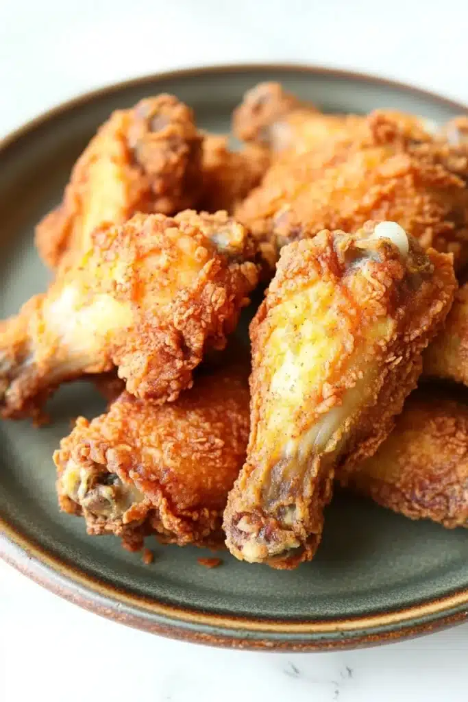 Crispy chicken wings fried - the image shows a plate of fried chicken wings. the wings are golden brown and appear to be crispy on the outside. they are arranged in a circular pattern on the plate, with some overlapping each other. the plate is made of dark green ceramic with a brown rim. the background is white, making the plate and wings the focal point of the image.