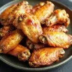 Crispy chicken wings on blackstone - the image shows a plate of cooked chicken wings. the wings are golden brown and appear to be seasoned with herbs and spices. they are arranged in a circular pattern on the plate, with some overlapping each other. the plate is black and has a textured surface. the background is blurred, but it appears to be a kitchen countertop.